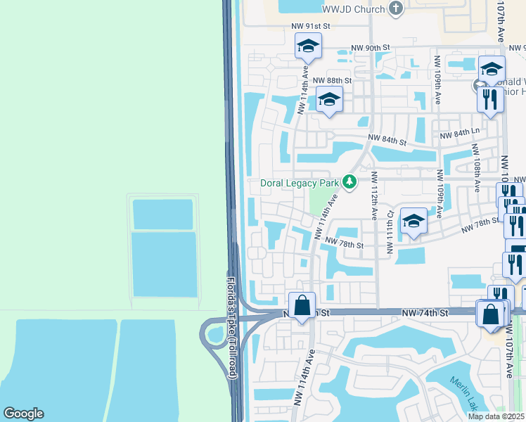 map of restaurants, bars, coffee shops, grocery stores, and more near 7977 Northwest 116th Avenue in Doral