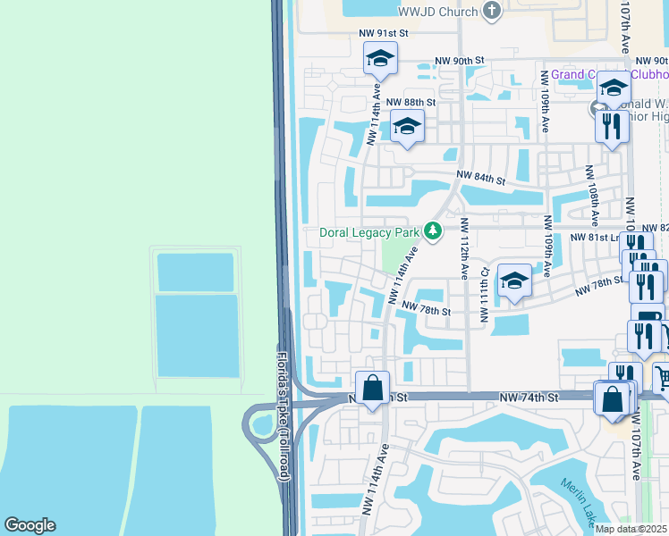 map of restaurants, bars, coffee shops, grocery stores, and more near 11552 Northwest 80th Street in Medley