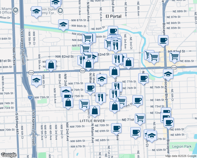 map of restaurants, bars, coffee shops, grocery stores, and more near 60 Northeast 78th Street in Miami
