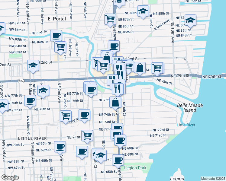map of restaurants, bars, coffee shops, grocery stores, and more near 544 Northeast 78th Street in Miami