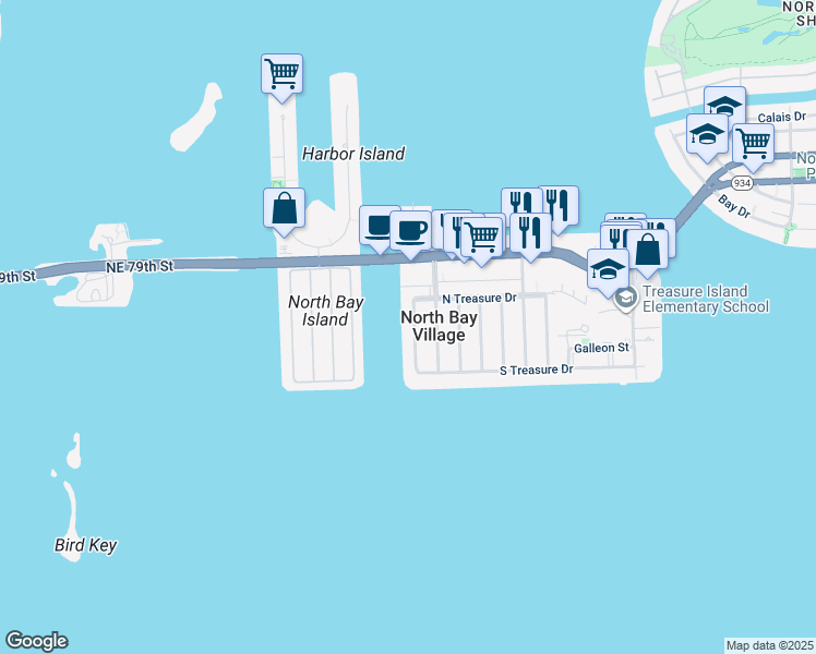 map of restaurants, bars, coffee shops, grocery stores, and more near 7544 West Treasure Drive in North Bay Village