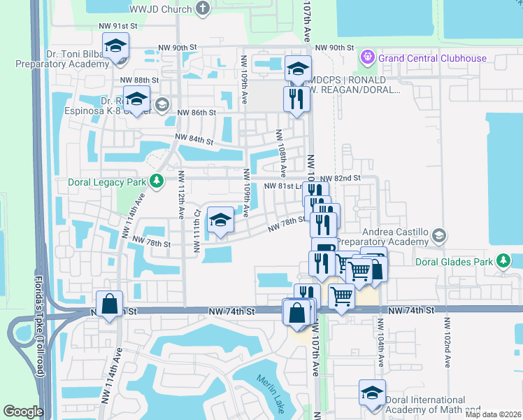 map of restaurants, bars, coffee shops, grocery stores, and more near 8058 Northwest 108th Court in Doral