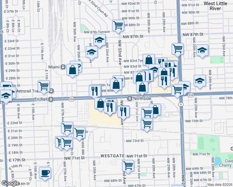 map of restaurants, bars, coffee shops, grocery stores, and more near in West Little River