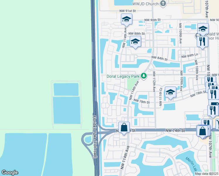 map of restaurants, bars, coffee shops, grocery stores, and more near 11552 Northwest 80th Street in Medley