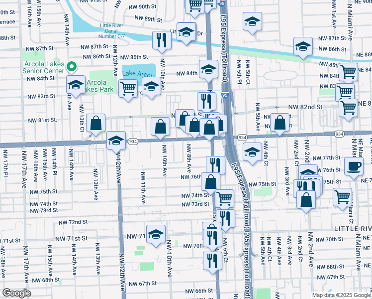 map of restaurants, bars, coffee shops, grocery stores, and more near 7801 Northwest 8th Avenue in Miami