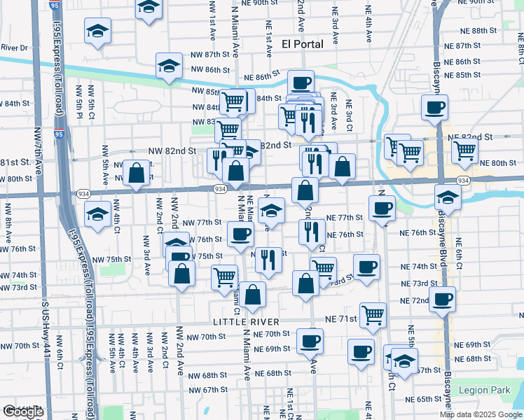 map of restaurants, bars, coffee shops, grocery stores, and more near 60 Northeast 78th Street in Miami