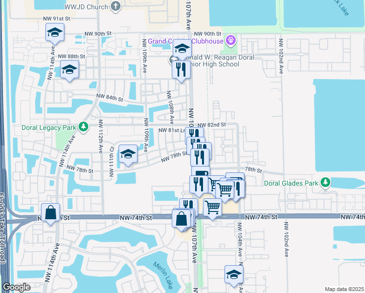 map of restaurants, bars, coffee shops, grocery stores, and more near 10750 Northwest 80th Lane in Miami