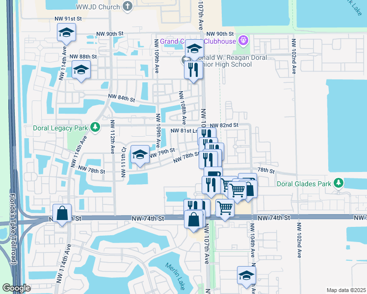 map of restaurants, bars, coffee shops, grocery stores, and more near 7860 Northwest 108th Avenue in Doral