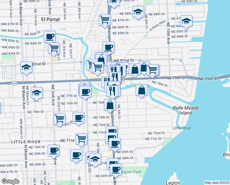 map of restaurants, bars, coffee shops, grocery stores, and more near 7701 Biscayne Boulevard in Miami