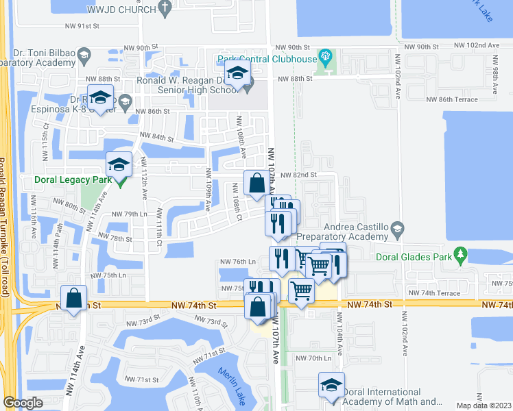 map of restaurants, bars, coffee shops, grocery stores, and more near 10755 Northwest 78th Terrace in Miami
