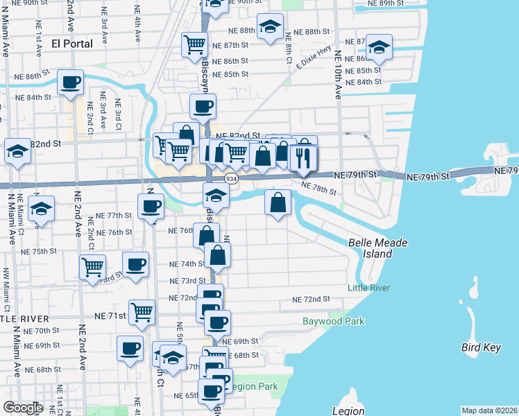 map of restaurants, bars, coffee shops, grocery stores, and more near 757 Northeast 77th Terrace in Miami