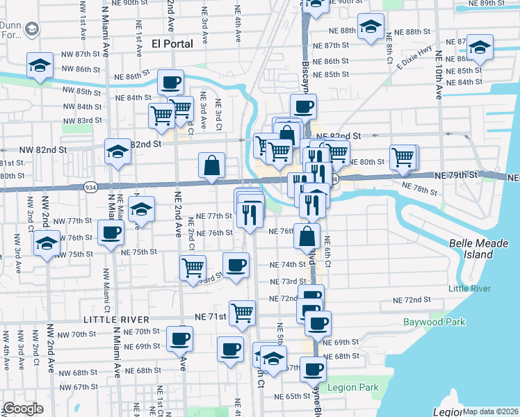 map of restaurants, bars, coffee shops, grocery stores, and more near 457 Northeast 77th Street Road in Miami