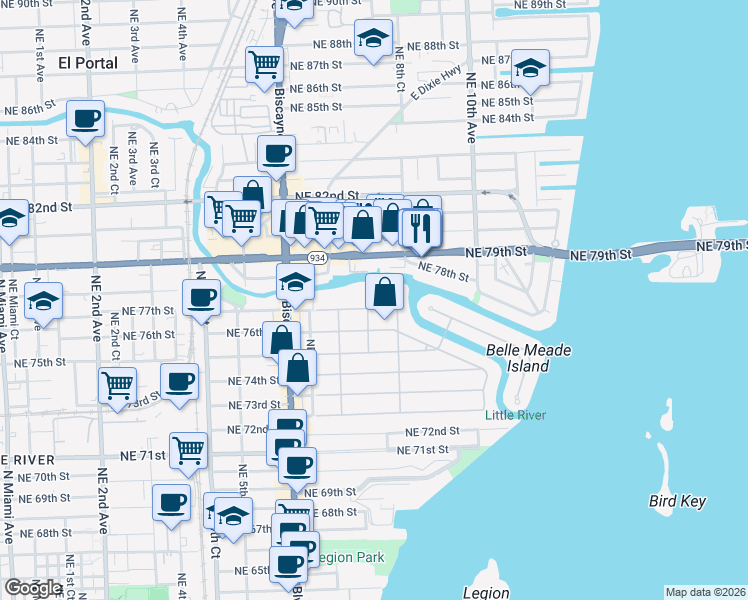map of restaurants, bars, coffee shops, grocery stores, and more near 757 Northeast 77th Terrace in Miami