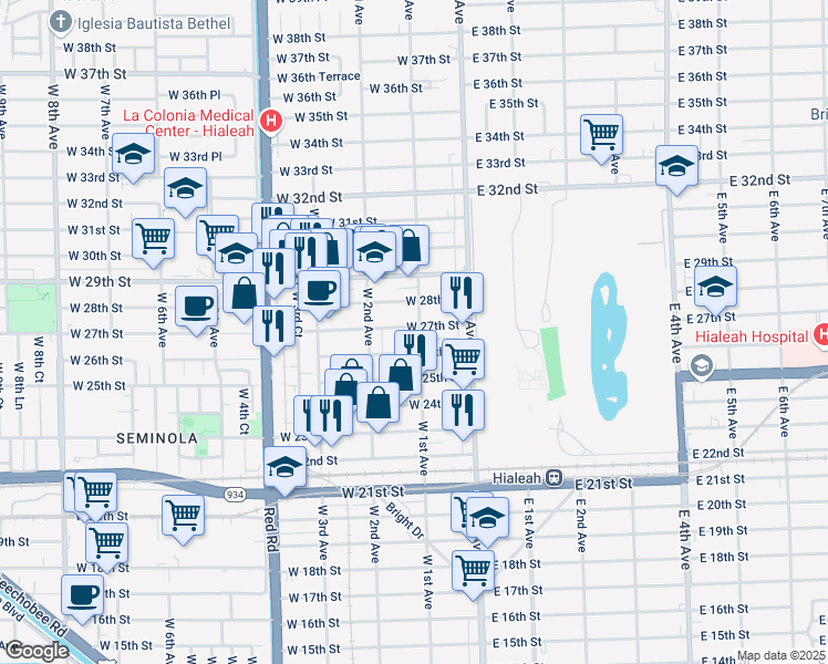 map of restaurants, bars, coffee shops, grocery stores, and more near 104 West 27th Street in Hialeah