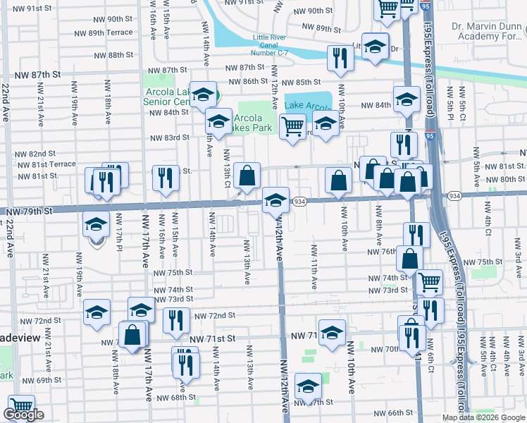 map of restaurants, bars, coffee shops, grocery stores, and more near 1234 Northwest 79th Street in Miami