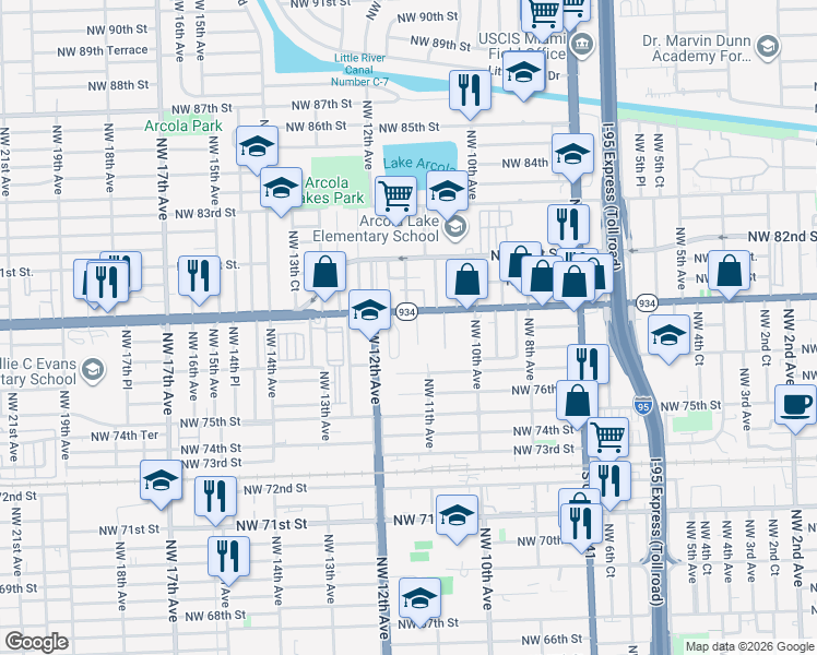 map of restaurants, bars, coffee shops, grocery stores, and more near 1156 Northwest 79th Street in Miami