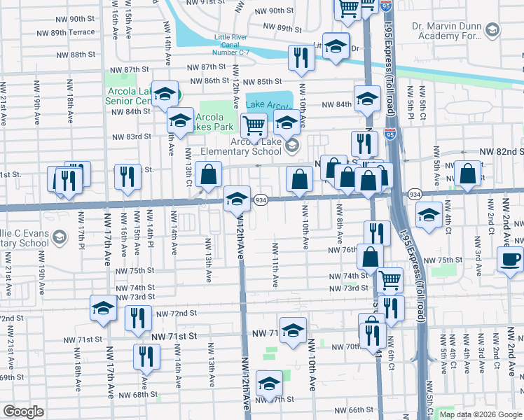 map of restaurants, bars, coffee shops, grocery stores, and more near 1156 Northwest 79th Street in Miami