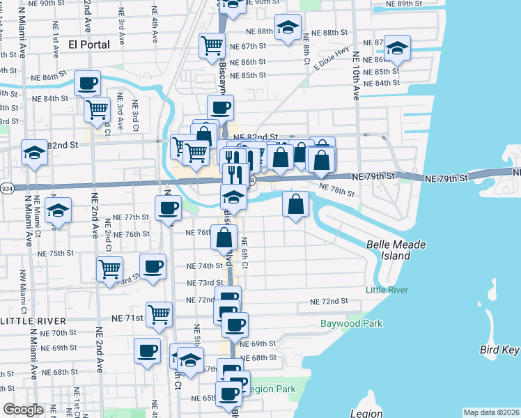 map of restaurants, bars, coffee shops, grocery stores, and more near 695 Northeast 77th Street in Miami