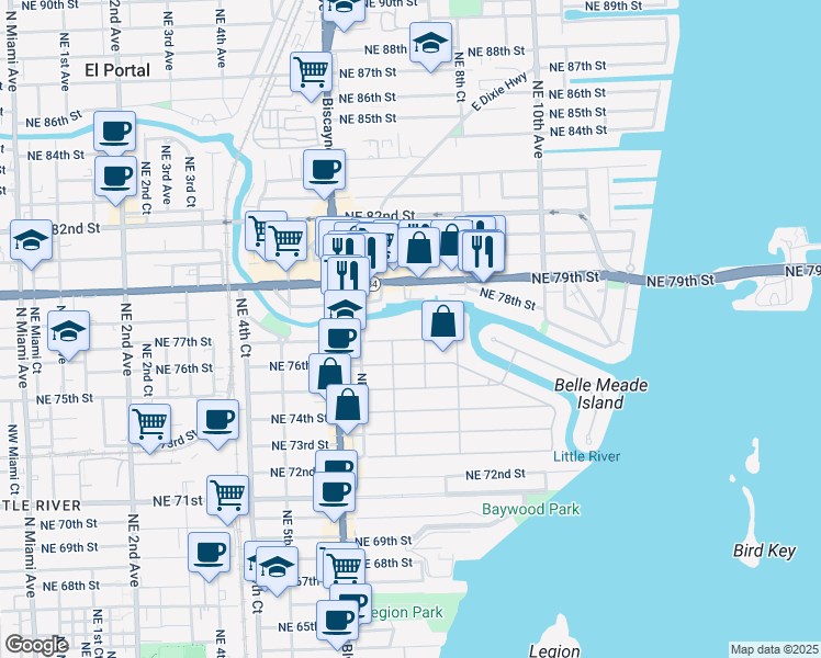 map of restaurants, bars, coffee shops, grocery stores, and more near 757 Northeast 77th Terrace in Miami