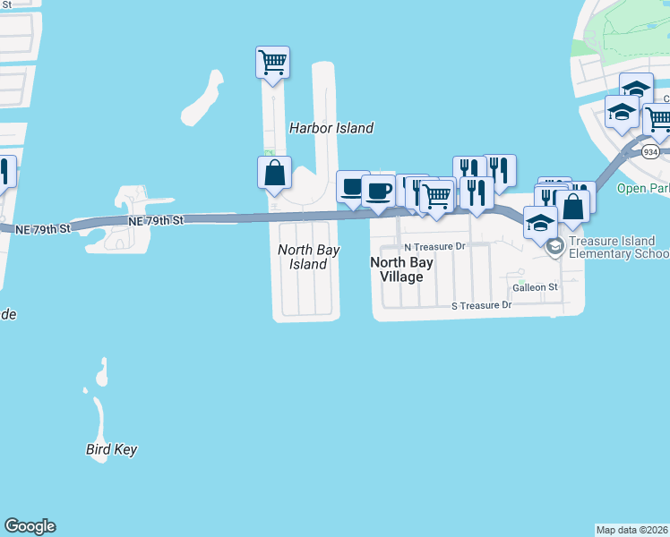 map of restaurants, bars, coffee shops, grocery stores, and more near 7611 Beachview Drive in North Bay Village
