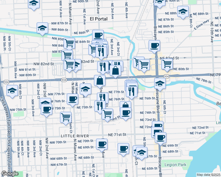map of restaurants, bars, coffee shops, grocery stores, and more near 274 Northeast 78th Street in Miami