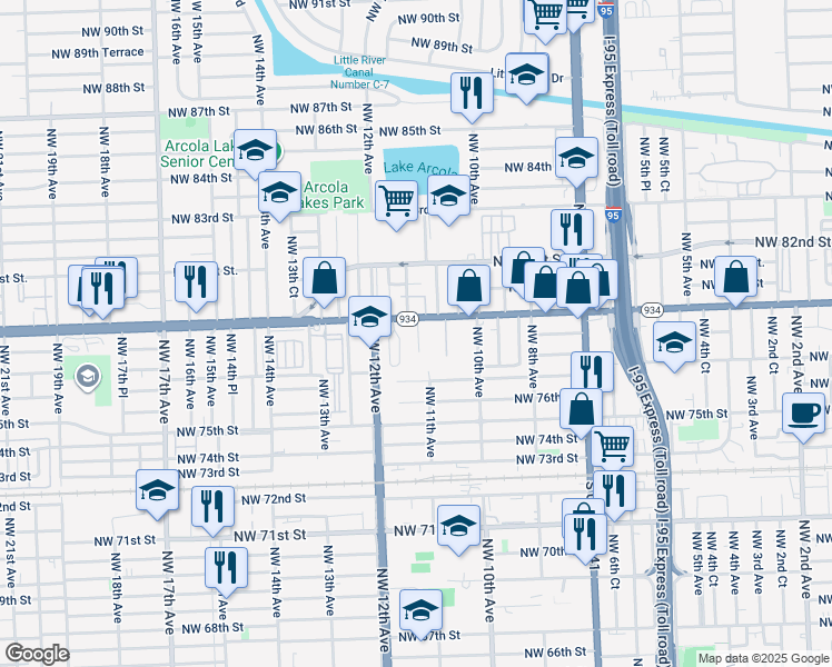 map of restaurants, bars, coffee shops, grocery stores, and more near 1142 Northwest 79th Street in Miami
