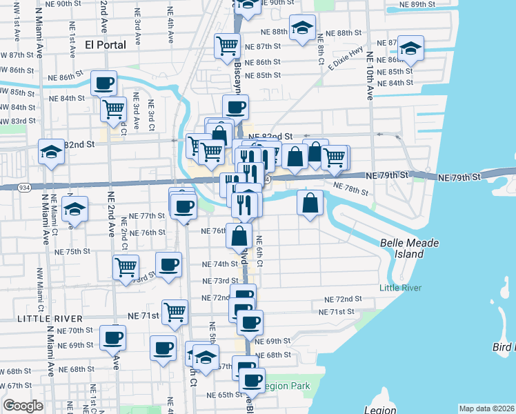 map of restaurants, bars, coffee shops, grocery stores, and more near in Miami