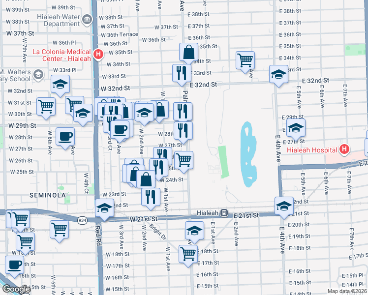 map of restaurants, bars, coffee shops, grocery stores, and more near 38 West 27th Street in Hialeah
