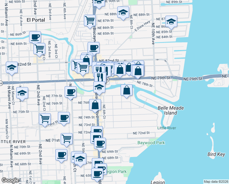 map of restaurants, bars, coffee shops, grocery stores, and more near 695 Northeast 77th Street in Miami