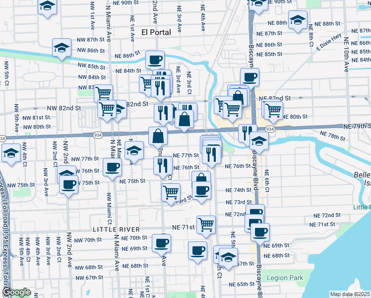 map of restaurants, bars, coffee shops, grocery stores, and more near 341 Northeast 77th Street in Miami
