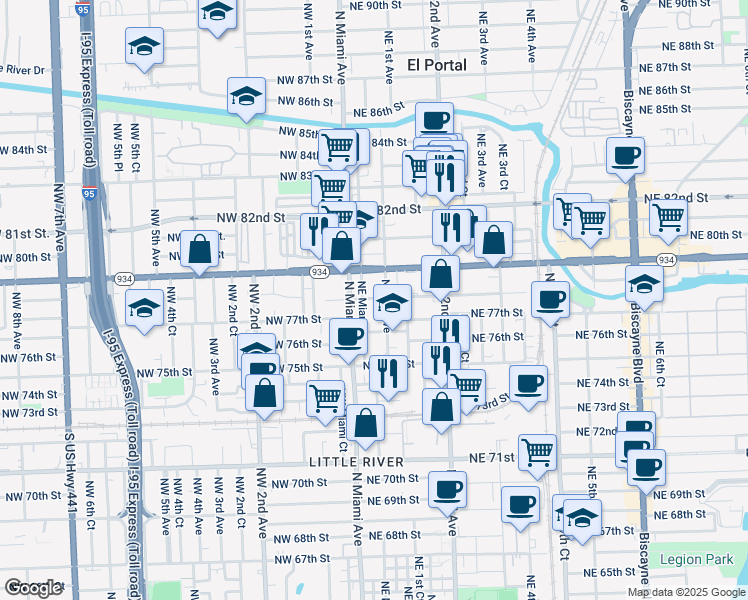 map of restaurants, bars, coffee shops, grocery stores, and more near 60 Northeast 78th Street in Miami
