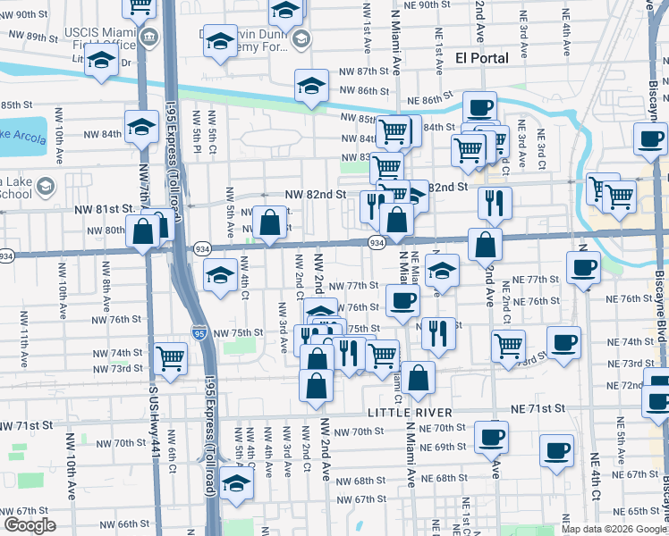 map of restaurants, bars, coffee shops, grocery stores, and more near 165 Northwest 78th Street in Miami