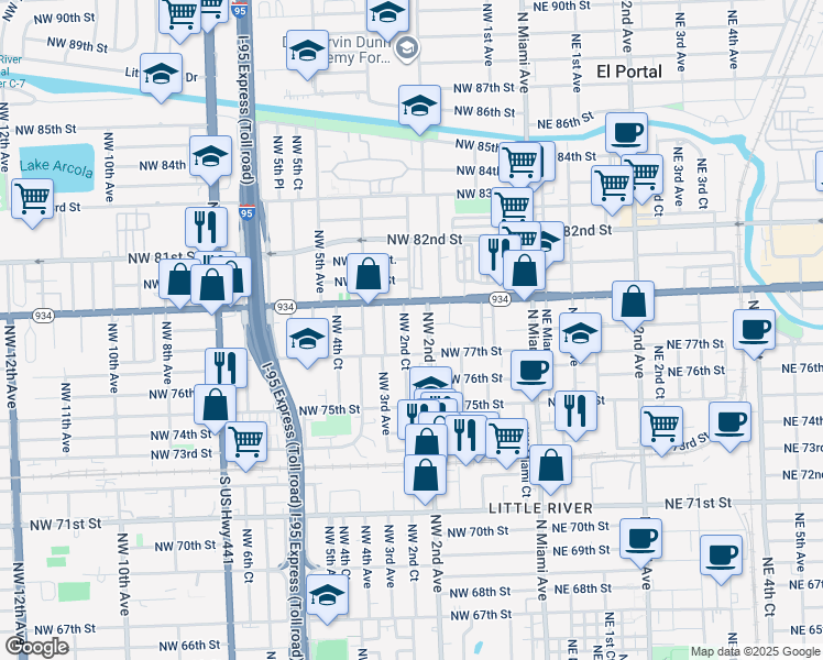 map of restaurants, bars, coffee shops, grocery stores, and more near 7748 Northwest 2nd Court in Miami