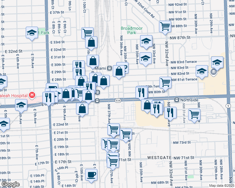 map of restaurants, bars, coffee shops, grocery stores, and more near 7995 Northwest 37th Avenue in Miami