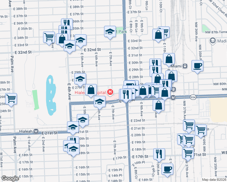 map of restaurants, bars, coffee shops, grocery stores, and more near 2601 East 7th Avenue in Hialeah