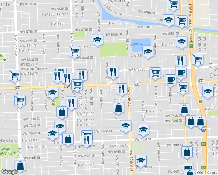 map of restaurants, bars, coffee shops, grocery stores, and more near 1344 Northwest 79th Street in Miami