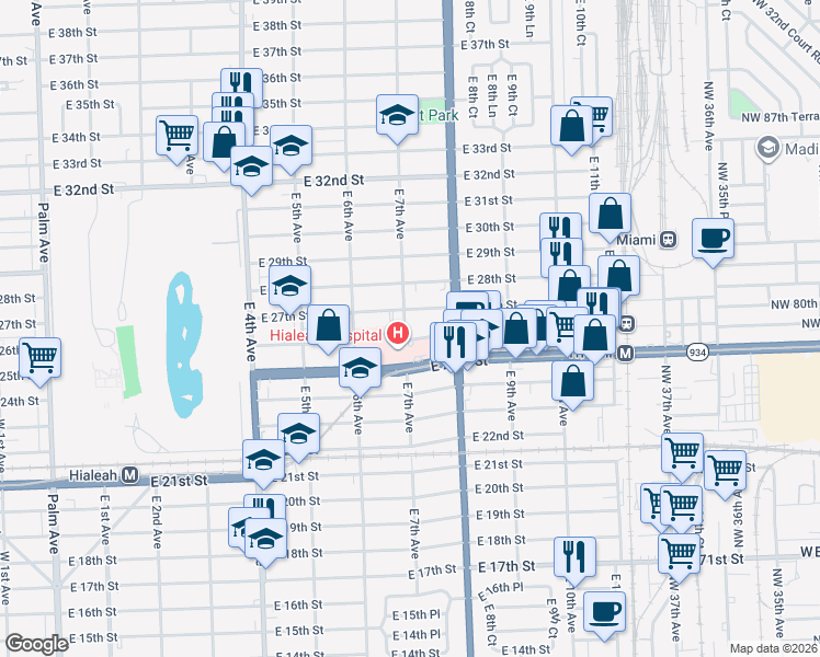 map of restaurants, bars, coffee shops, grocery stores, and more near 2601 East 7th Avenue in Hialeah