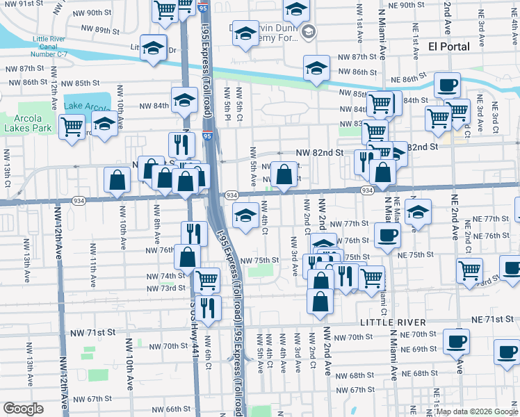 map of restaurants, bars, coffee shops, grocery stores, and more near 7800 Northwest 4th Court in Miami