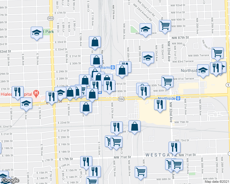 map of restaurants, bars, coffee shops, grocery stores, and more near 7995 Northwest 37th Avenue in Miami