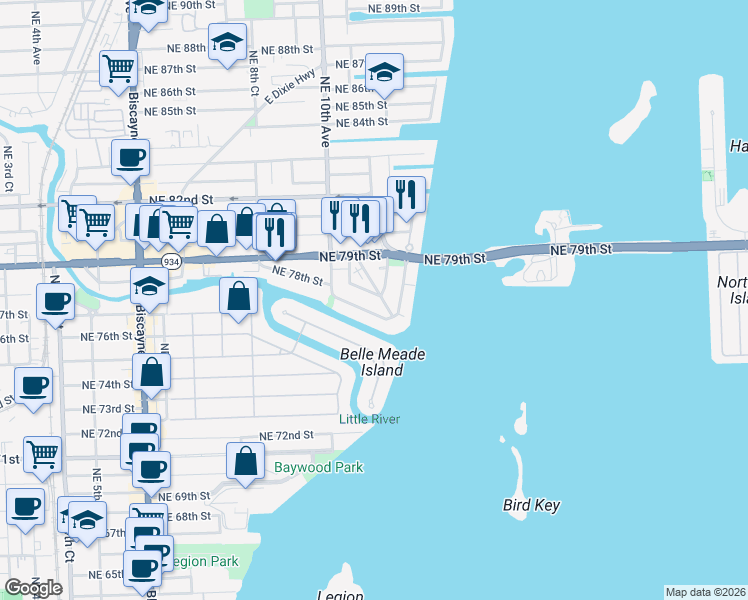 map of restaurants, bars, coffee shops, grocery stores, and more near 1060 Northeast 78th Street Road in Miami