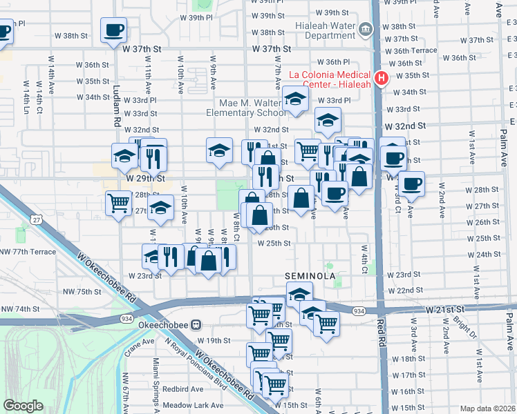 map of restaurants, bars, coffee shops, grocery stores, and more near 771 West 27th Street in Hialeah