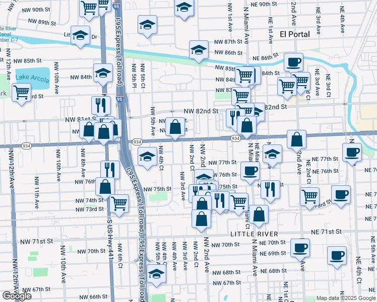 map of restaurants, bars, coffee shops, grocery stores, and more near 7748 Northwest 2nd Court in Miami