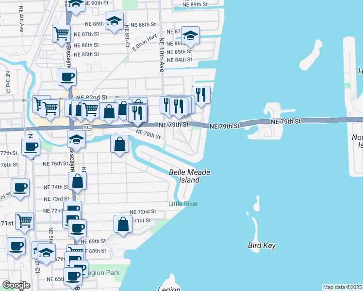 map of restaurants, bars, coffee shops, grocery stores, and more near 1036 Northeast 78th Road in Miami