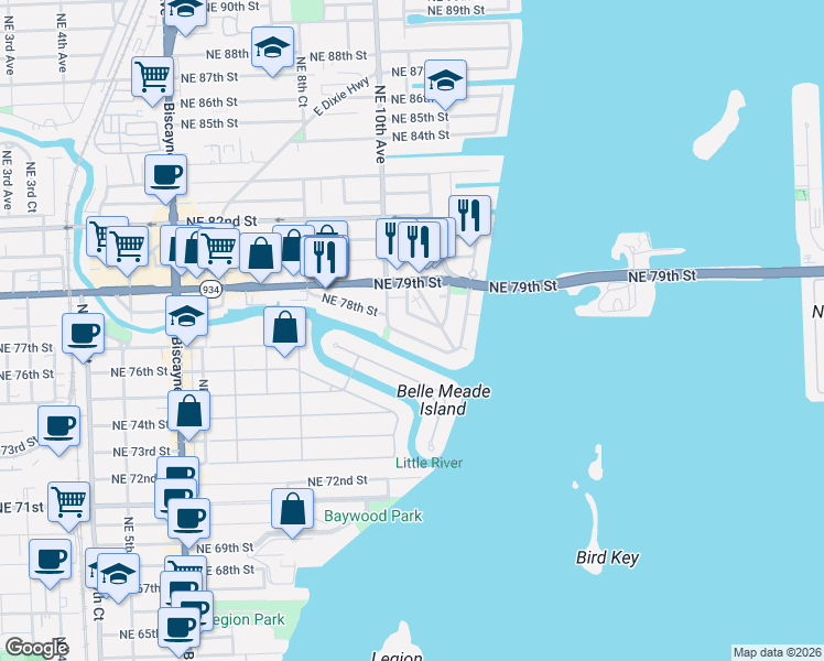 map of restaurants, bars, coffee shops, grocery stores, and more near 1036 Northeast 78th Road in Miami