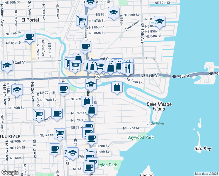map of restaurants, bars, coffee shops, grocery stores, and more near 757 Northeast 77th Terrace in Miami