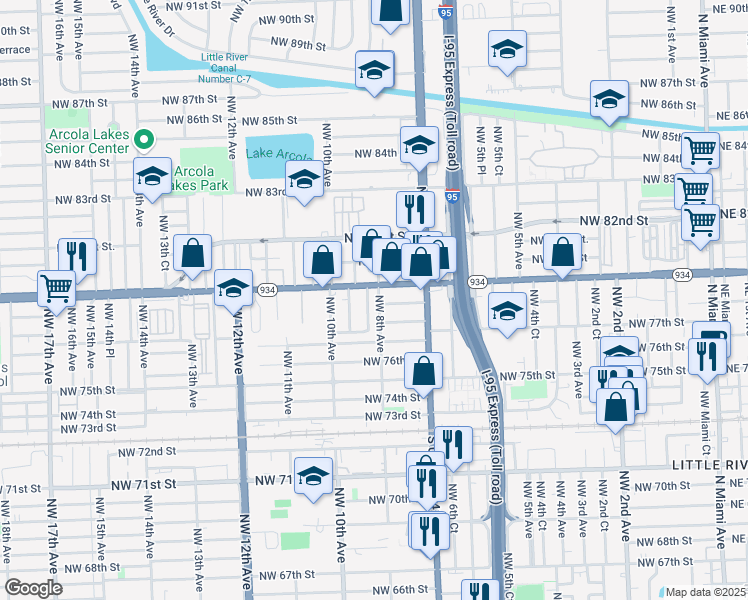 map of restaurants, bars, coffee shops, grocery stores, and more near 7801 Northwest 8th Avenue in Miami