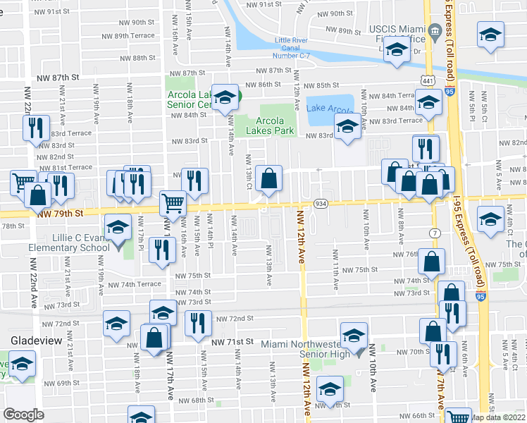 map of restaurants, bars, coffee shops, grocery stores, and more near 1344 Northwest 79th Street in Miami