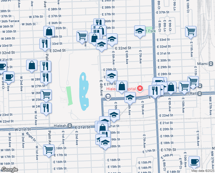 map of restaurants, bars, coffee shops, grocery stores, and more near 416 East 27th Street in Hialeah