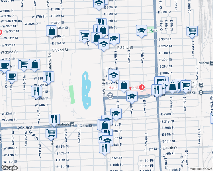 map of restaurants, bars, coffee shops, grocery stores, and more near 416 East 27th Street in Hialeah