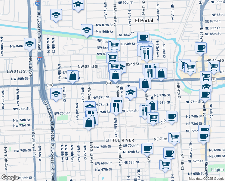 map of restaurants, bars, coffee shops, grocery stores, and more near 25 Northwest 78th Street in Miami
